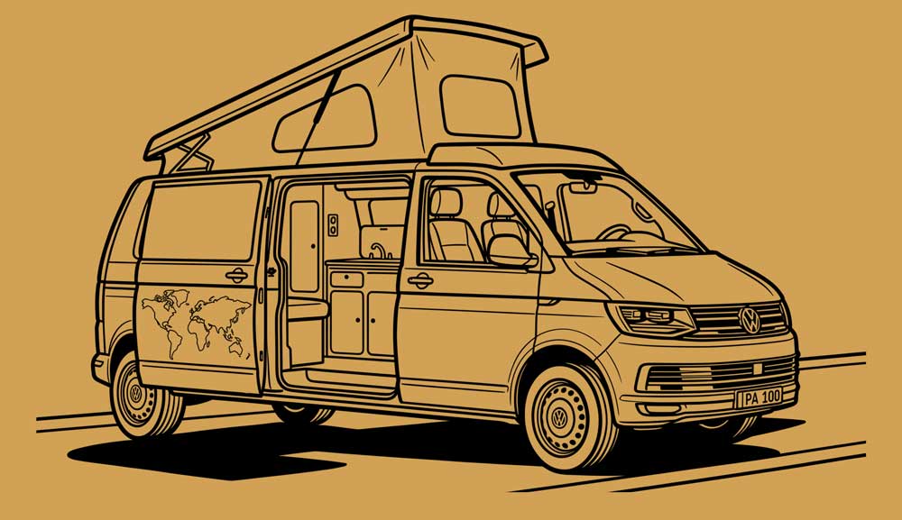 Dibujo lineal de una furgoneta camper con el techo desplegable y la puerta lateral abierta, revelando el acogedor interior. Una calcomanía con un mapamundi decora la furgoneta, un guiño a la camperización de furgonetas en Castellón. El fondo es de color tostado liso.