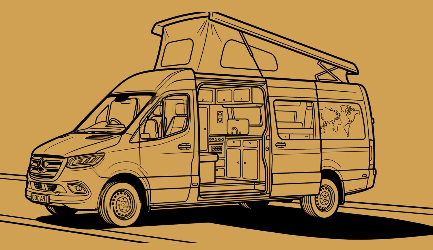 Dibujo lineal de una furgoneta camper con el techo elevado, la puerta lateral abierta para dejar ver la cocina interior y una pegatina con un mapa en la parte trasera: la inspiración perfecta para la camperización de furgonetas en Castellón. La imagen tiene un fondo marrón.