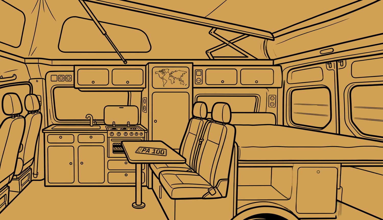Dibujo lineal del interior de una furgoneta camper con zona de cocina, fogones, fregadero, asientos alrededor de una mesa, cama, armarios superiores y un mapamundi. Muestra ideas para la camperización de furgonetas en Castellón. Un cartel "PA 100" descansa sobre la mesa.